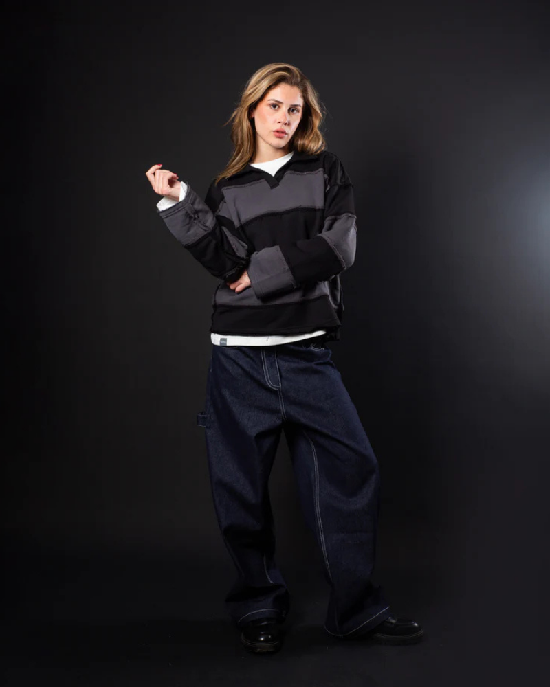 Black and Gray Striped Distressed Short-Sleeve Polo Shirt