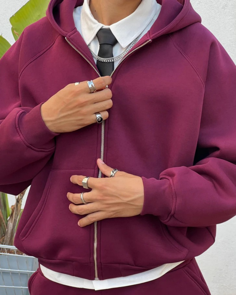 Men’s Burgundy Raglan Zip-Up Hoodie with Kangaroo Pockets