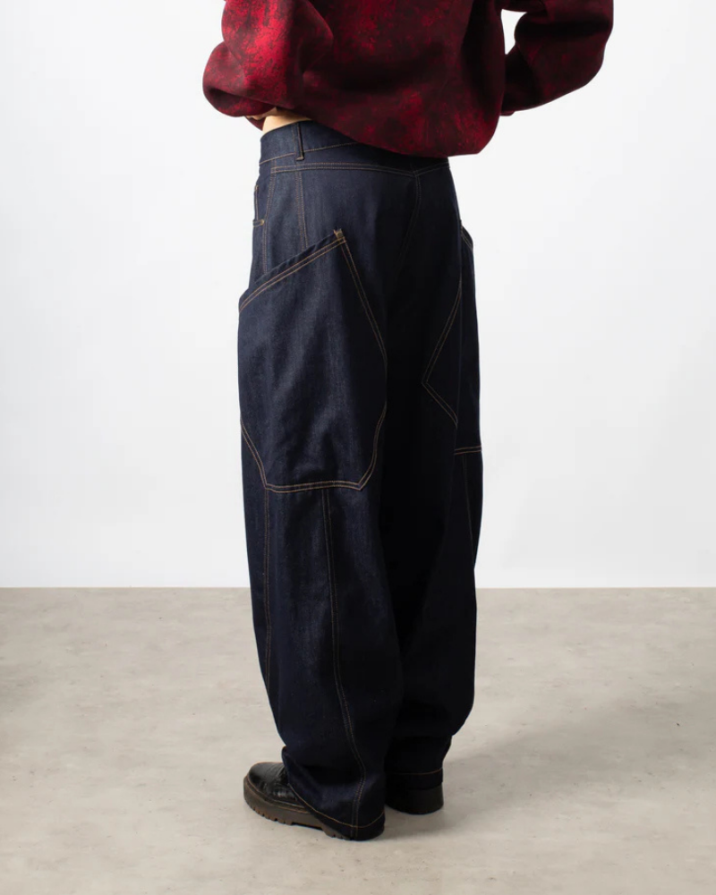 Baggy Raw Denim Pants - Dark Blue with Contrast Stitching and Oversized Pockets