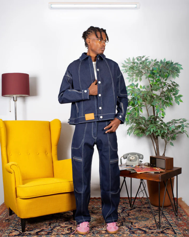 Heavyweight Dark Blue Denim Jacket with Contrast Stitching and Zipper Pockets