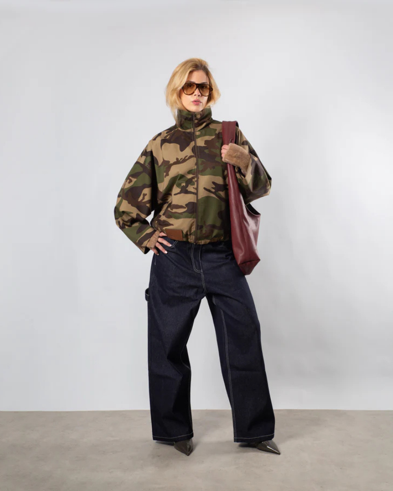 Women's Army Camouflage High Neck Zip-Up Jacket with Adjustable Toggle Hem
