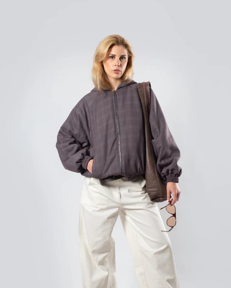 Women's Dark Gray Tartan Hooded Jacket with Full-Zip Front