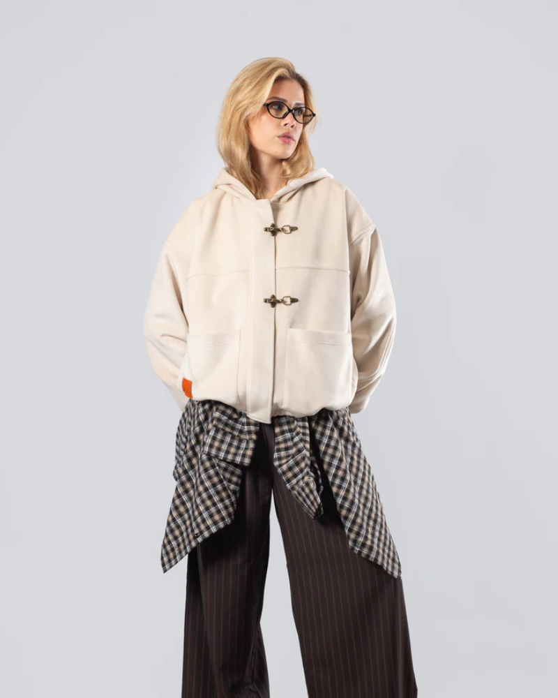 Women's Cream Soft-Tech Hooded Jacket with Metal Fireman Clasp Closures