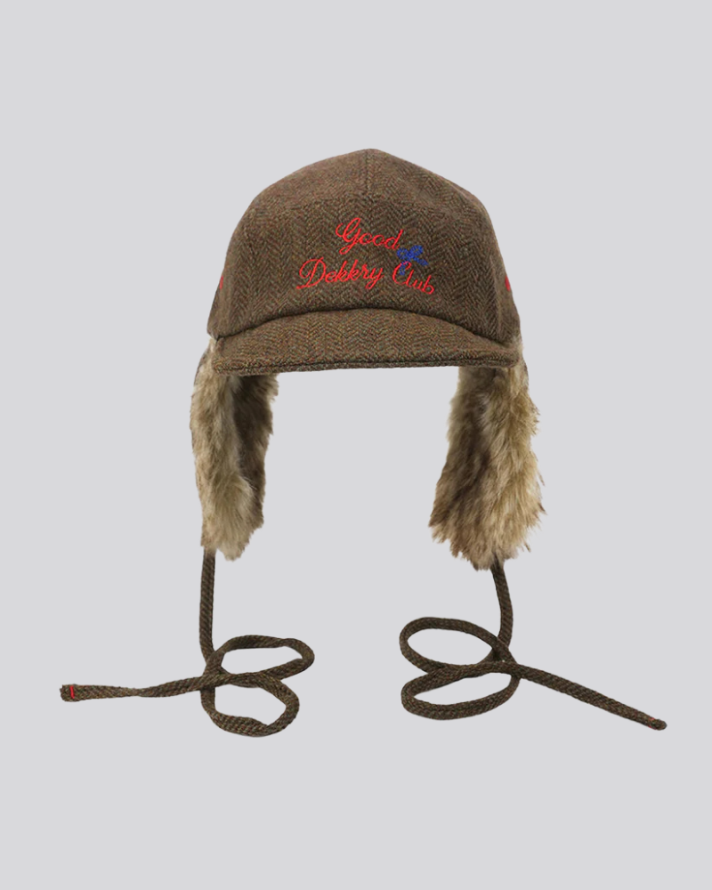 Brown Herringbone Tweed Cap with Faux Fur Ear Flaps and Embroidery