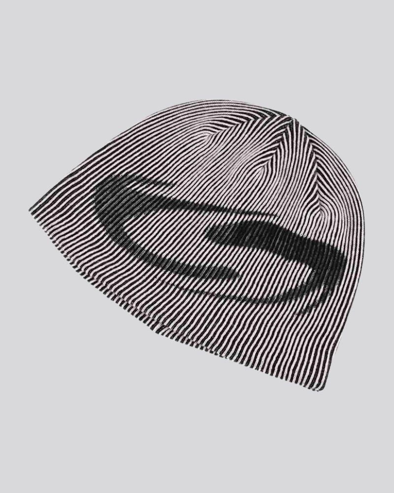 Striped Knit Beanie with Abstract Graphic