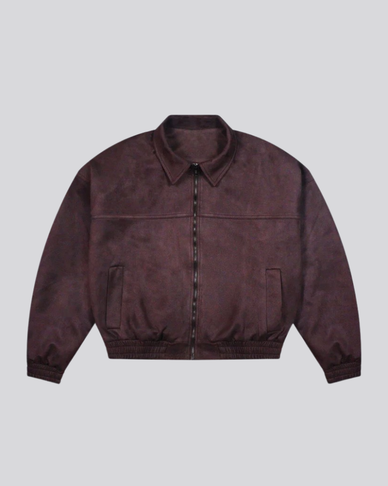 Brown Faux Suede Zip-Up Bomber Jacket with Elasticated Hem