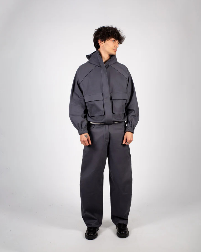 Unisex Charcoal Gray Tactical Hooded Jacket with Large Front Cargo Pockets