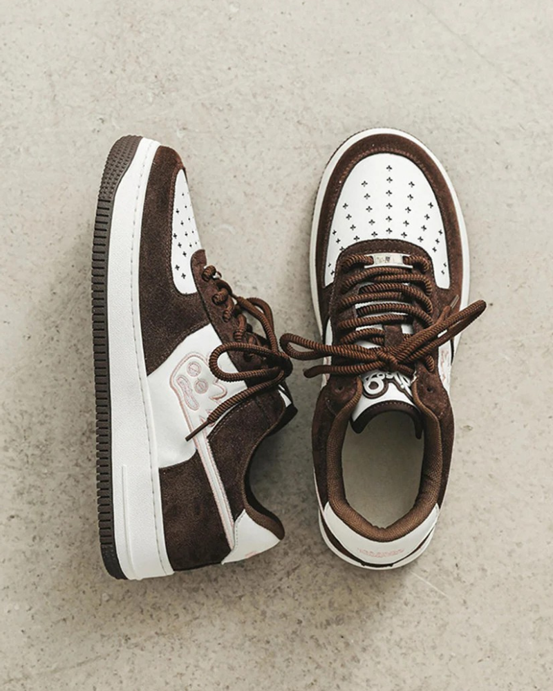 Dark Brown and White Low-Top Sneakers with Rope Laces and Embroidered Graphic