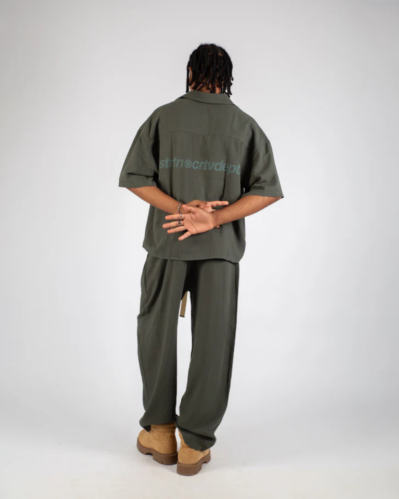 Olive Green Wide-Leg Trousers with Elastic Waist and Contrast Drawstring