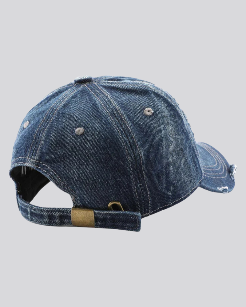 Distressed Denim Baseball Cap with 1989 Embroidered Patch