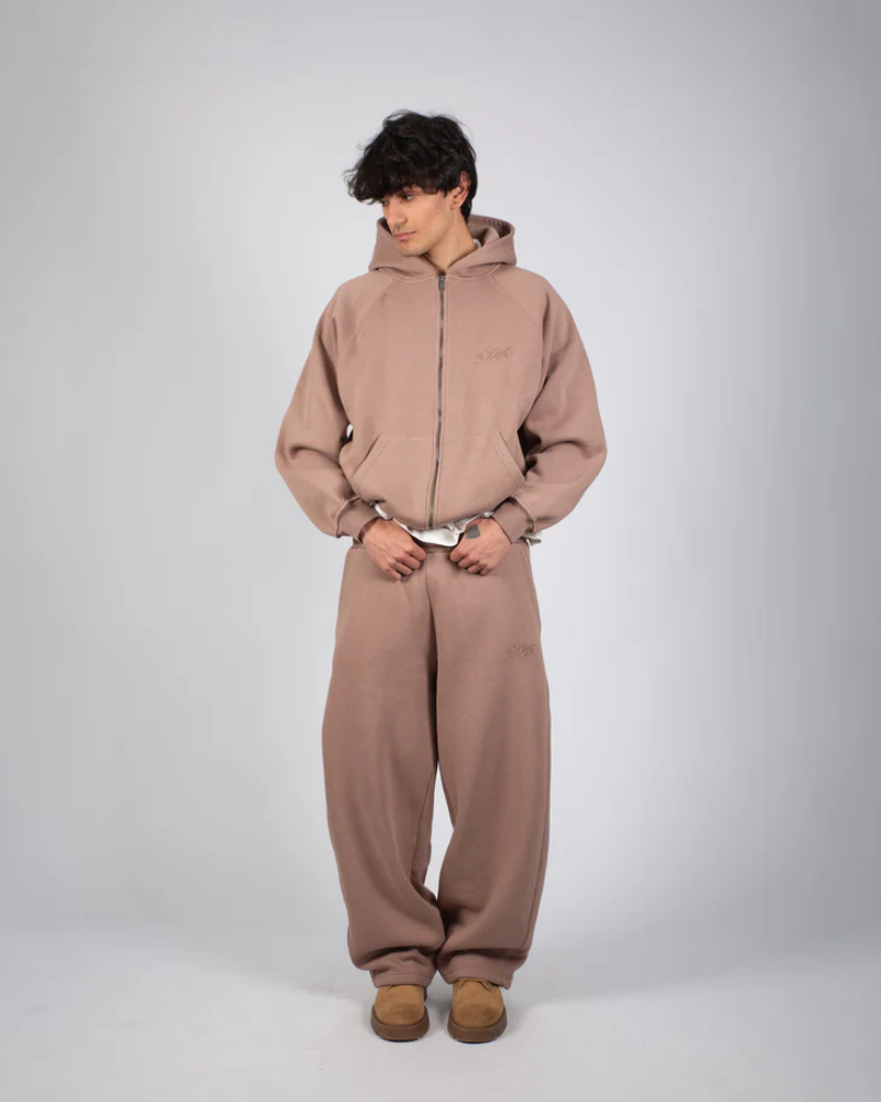 Light Tobacco Full-Zip Hoodie with Ribbed Trim and Chest Detail