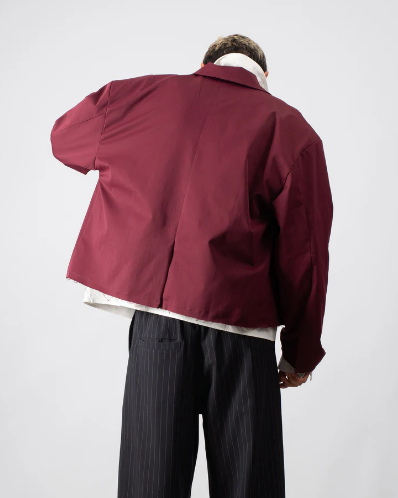 Maroon Cropped Trench Coat with Raw Hem and Double-Button Closure