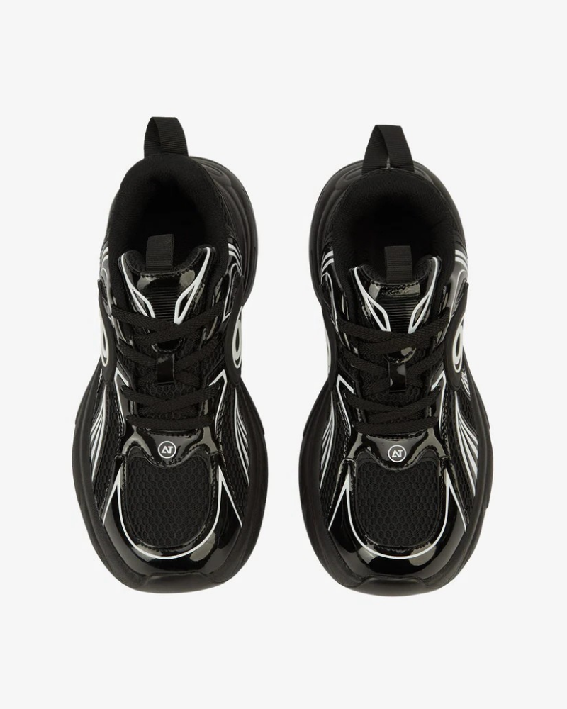 Black Chunky Sneakers with Mesh Upper and Glossy Overlay Accents