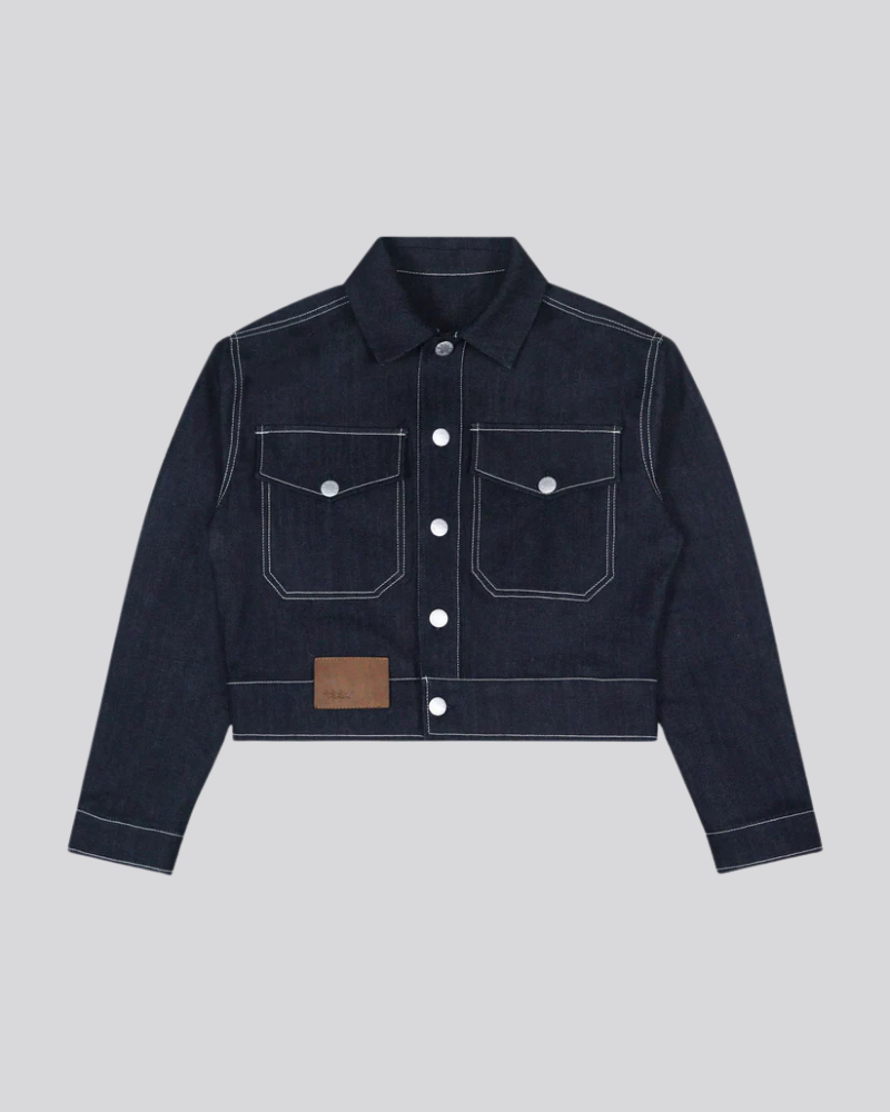 Women's Cropped Raw Denim Jacket - Dark Blue with Contrast Stitching