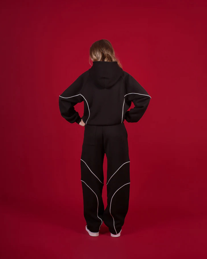 Black Relaxed-Fit Trousers with White Contrast Piping and Elastic Waist