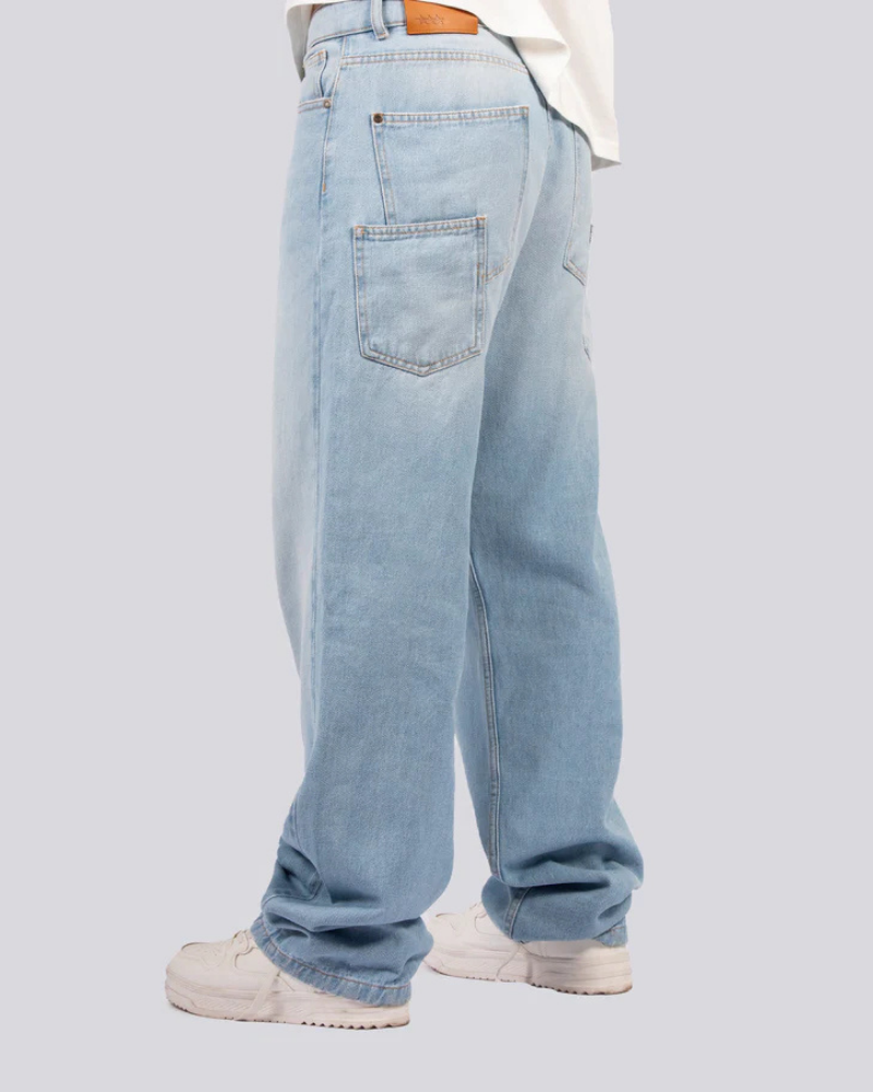 Light Blue Denim Wide Leg Jeans with Gold Contrast Stitching and Metal Button Closure