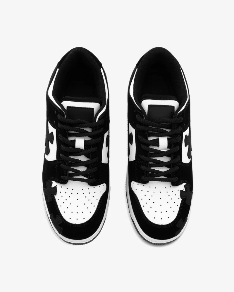 Black and White Low-Top Sneakers with Cross Applique Details