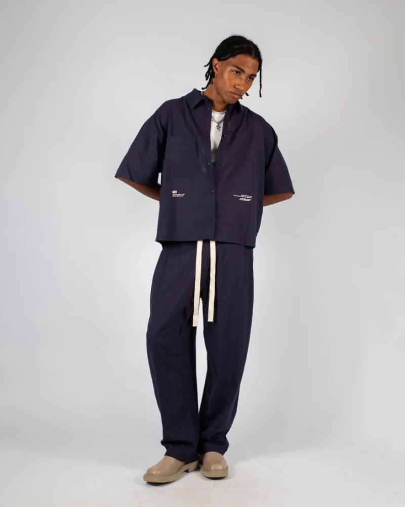 Navy Blue Wide-Leg Trousers with Elastic Waist and Contrast Drawstring