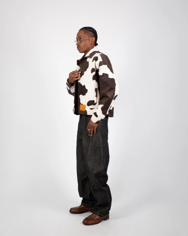 Cow Print Trucker Jacket with Textured Finish and Metal Hardware