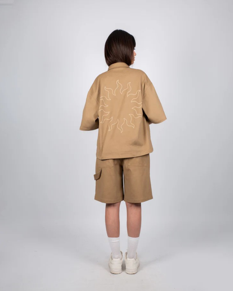 Heavyweight Short Sleeve Button-Up Overshirt with Back Embroidery - Tobacco