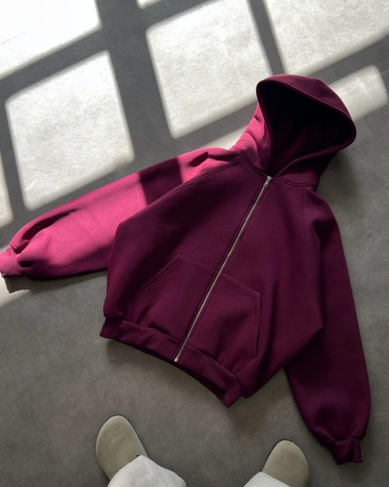 Men’s Burgundy Raglan Zip-Up Hoodie with Kangaroo Pockets