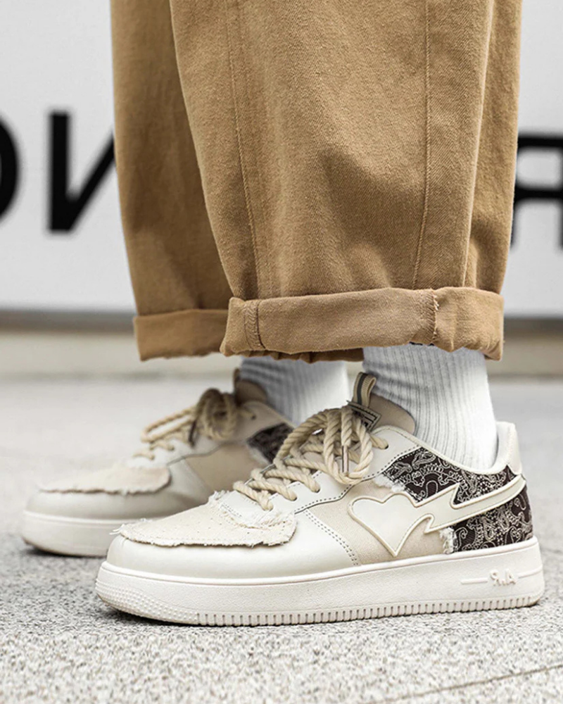 Men's Cream Low-Top Sneakers with Paisley Heel Panel and Rope Laces