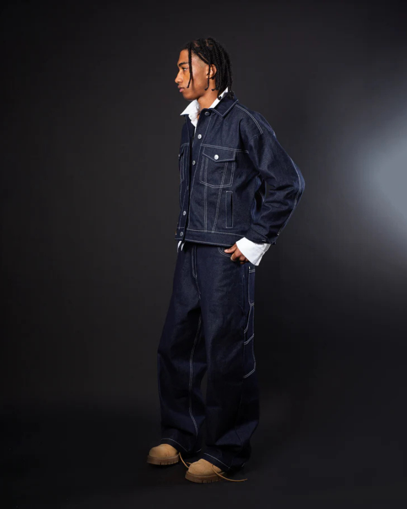 Wide-Leg Raw Denim Carpenter Pants - Dark Blue with Contrast Stitching