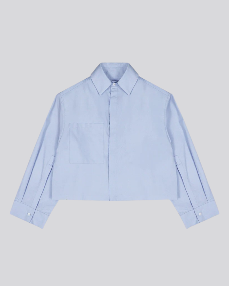 Women's Cropped Poplin Shirt - Long Sleeve Cotton - Baby Blue
