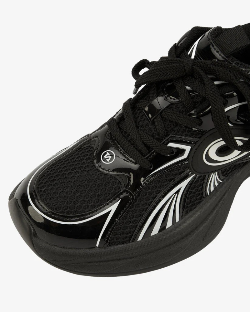 Black Chunky Sneakers with Mesh Upper and Glossy Overlay Accents