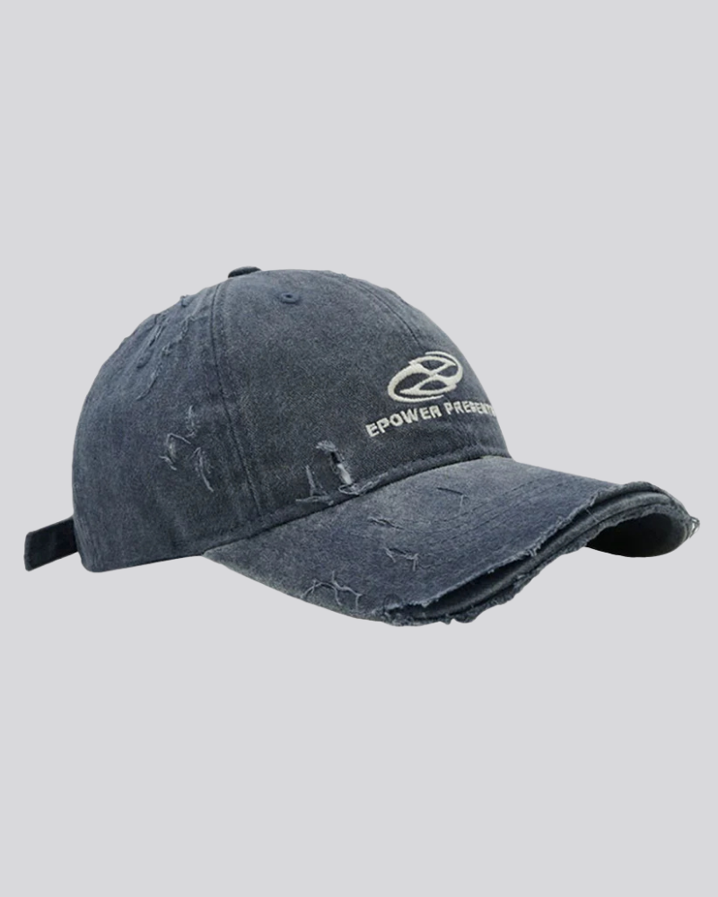 Distressed Washed Baseball Cap with Embroidered Graphic and Ripped Brim