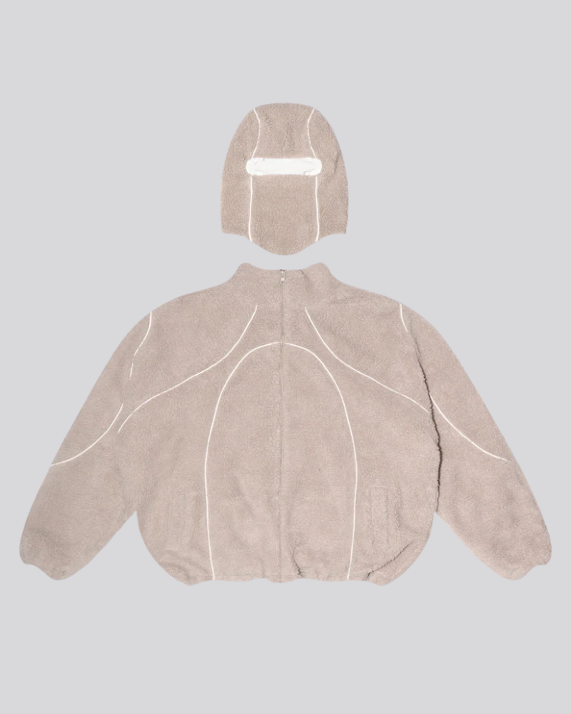 Unisex Paneled Sherpa Fleece Full-Zip Jacket with Matching Balaclava – Beige