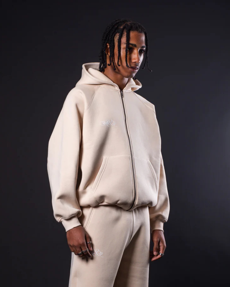 STRTN Cream Zip-Up Hoodie with Raglan Sleeves and Embroidered Logo