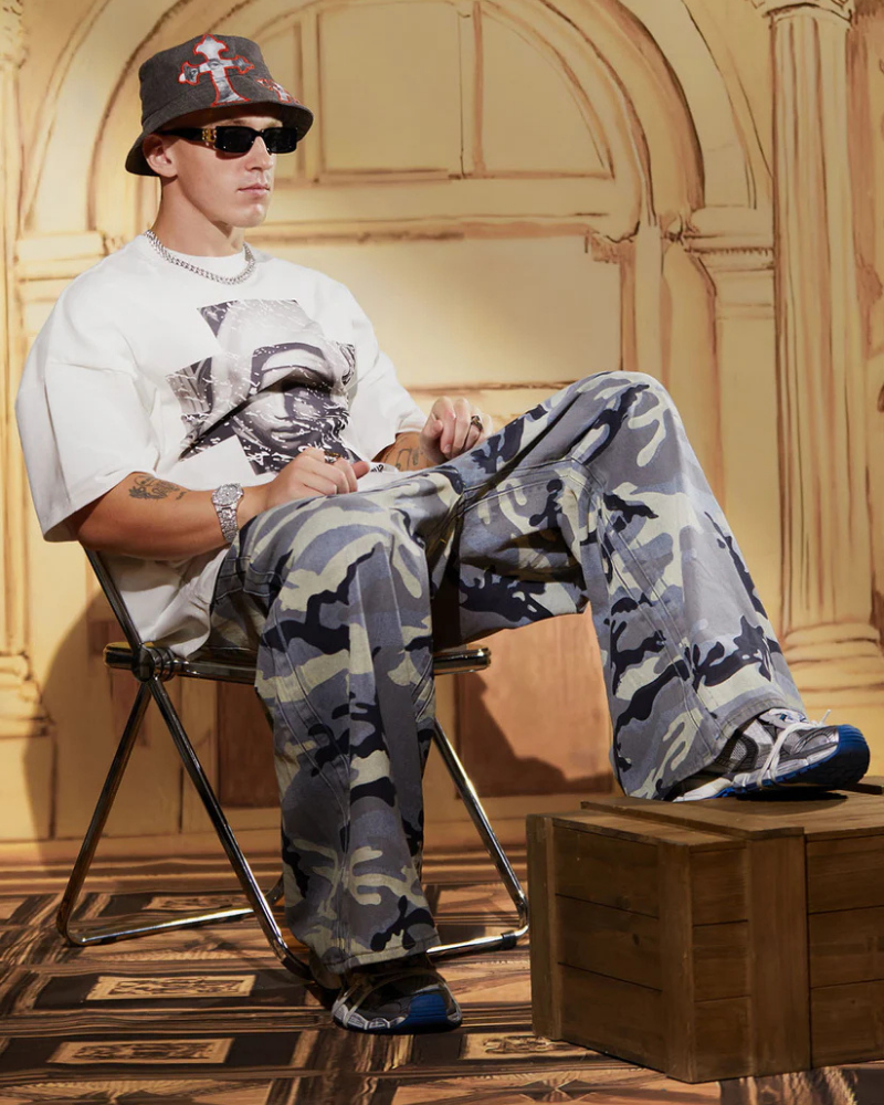 Denim Bucket Hat with Cross Applique and Portrait Detail