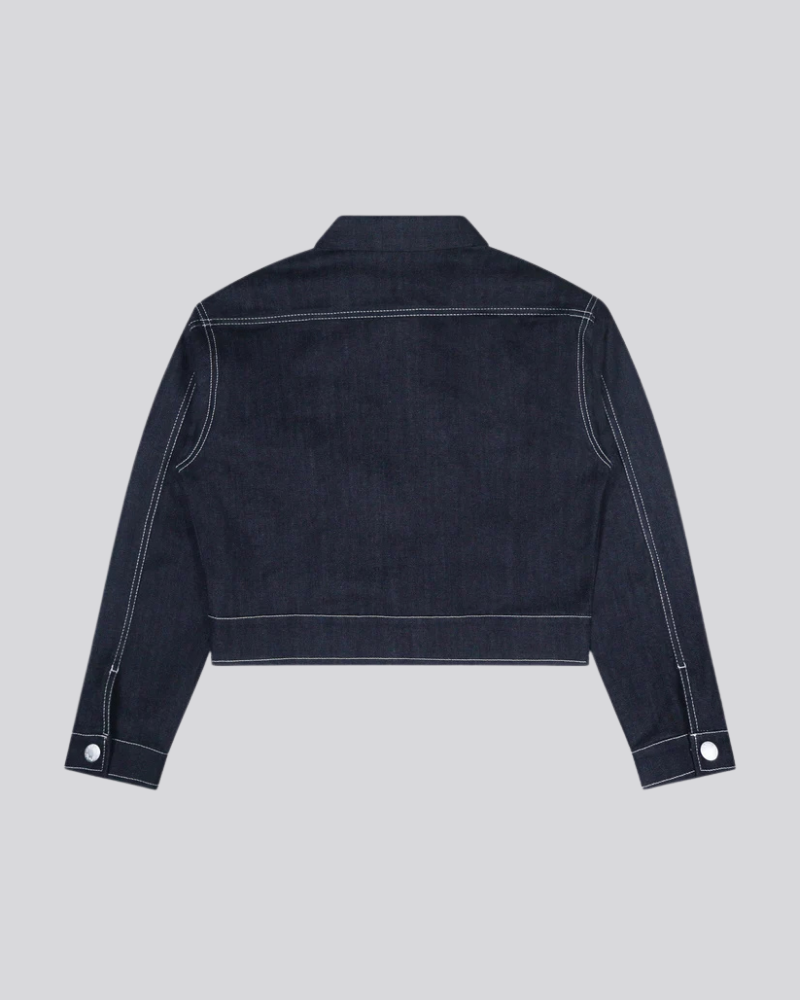 Women's Cropped Raw Denim Jacket - Dark Blue with Contrast Stitching