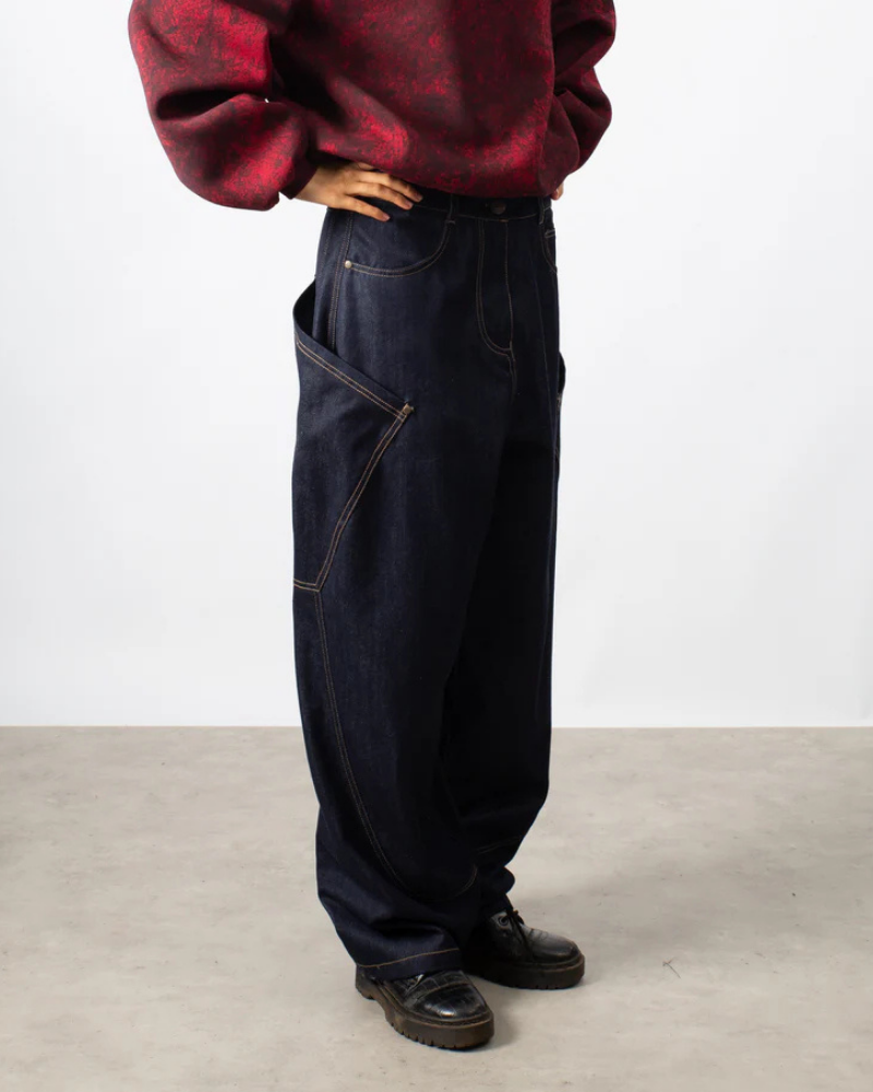 Baggy Raw Denim Pants - Dark Blue with Contrast Stitching and Oversized Pockets