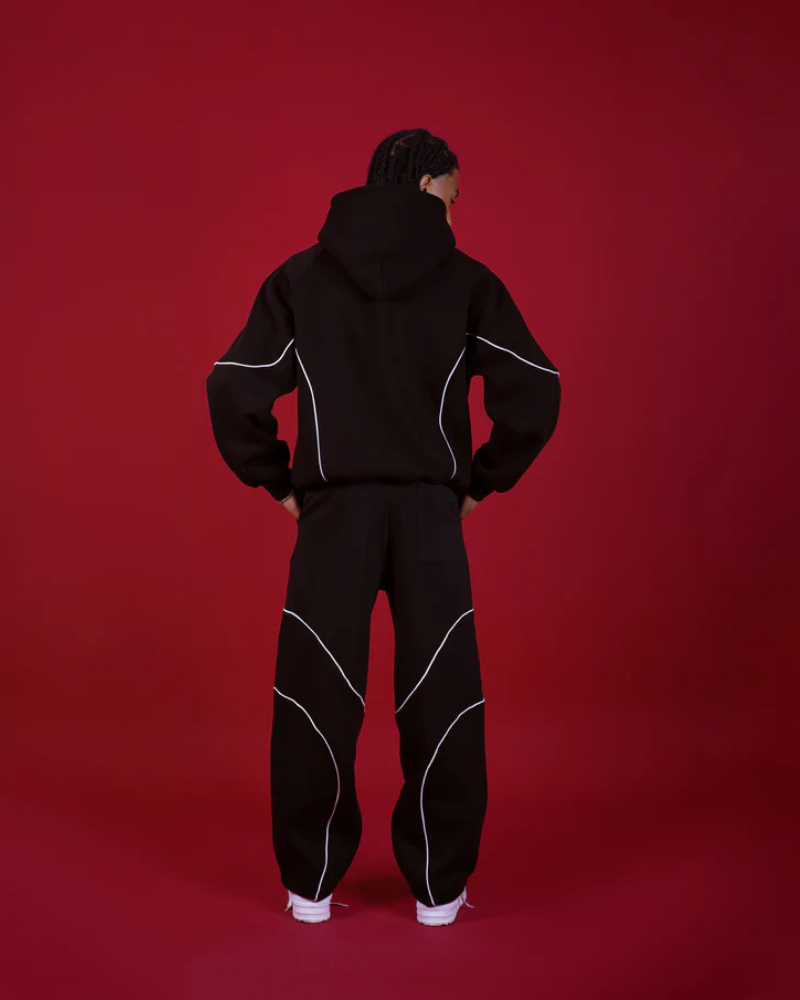 Black Relaxed-Fit Trousers with White Contrast Piping and Elastic Waist