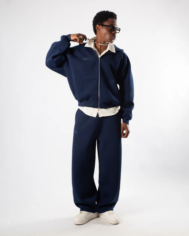 Navy Blue Raglan Sleeve Full-Zip Hoodie with Chest