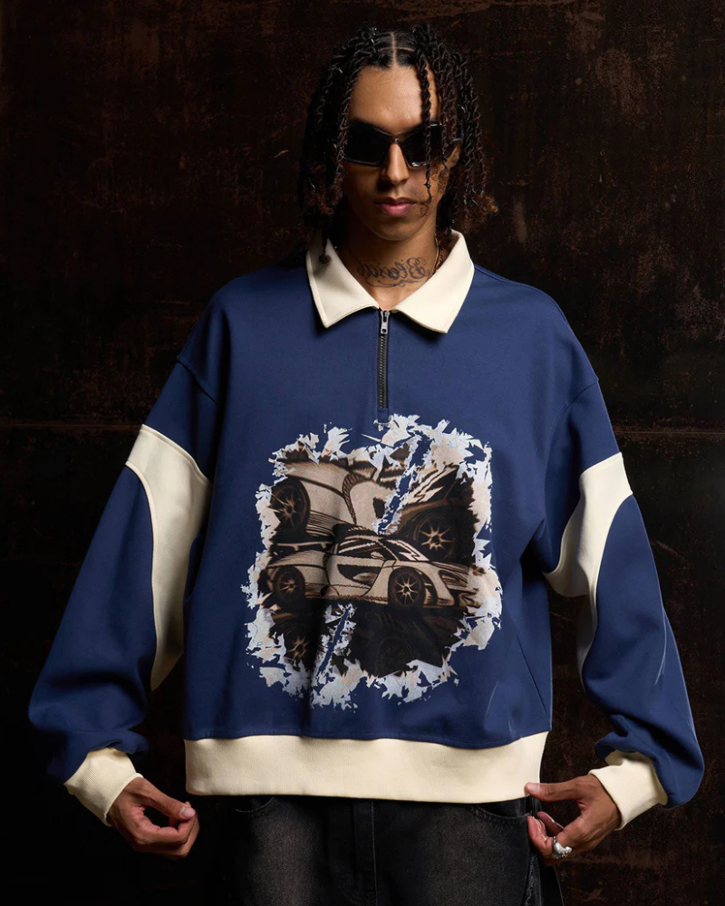 Navy Blue Quarter-Zip Sweatshirt with Collared Neckline and Car Graphic