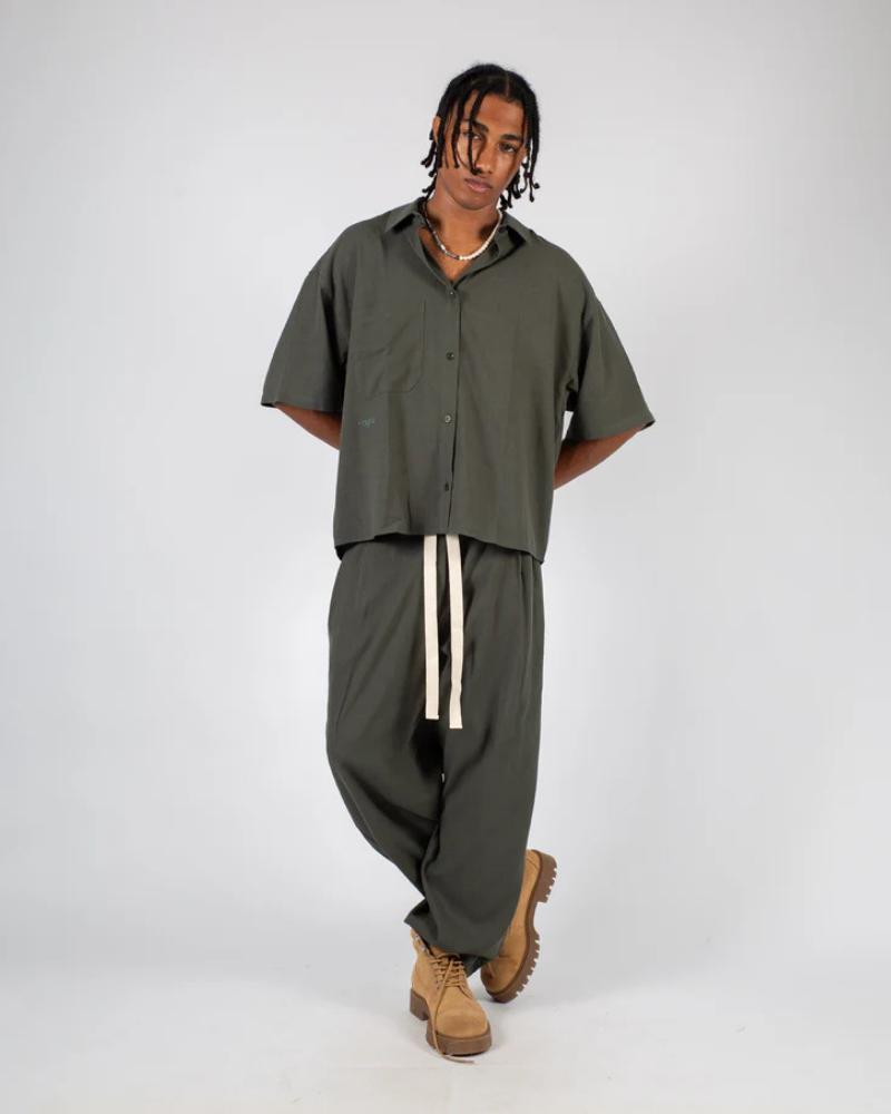 Olive Green Wide-Leg Trousers with Elastic Waist and Contrast Drawstring