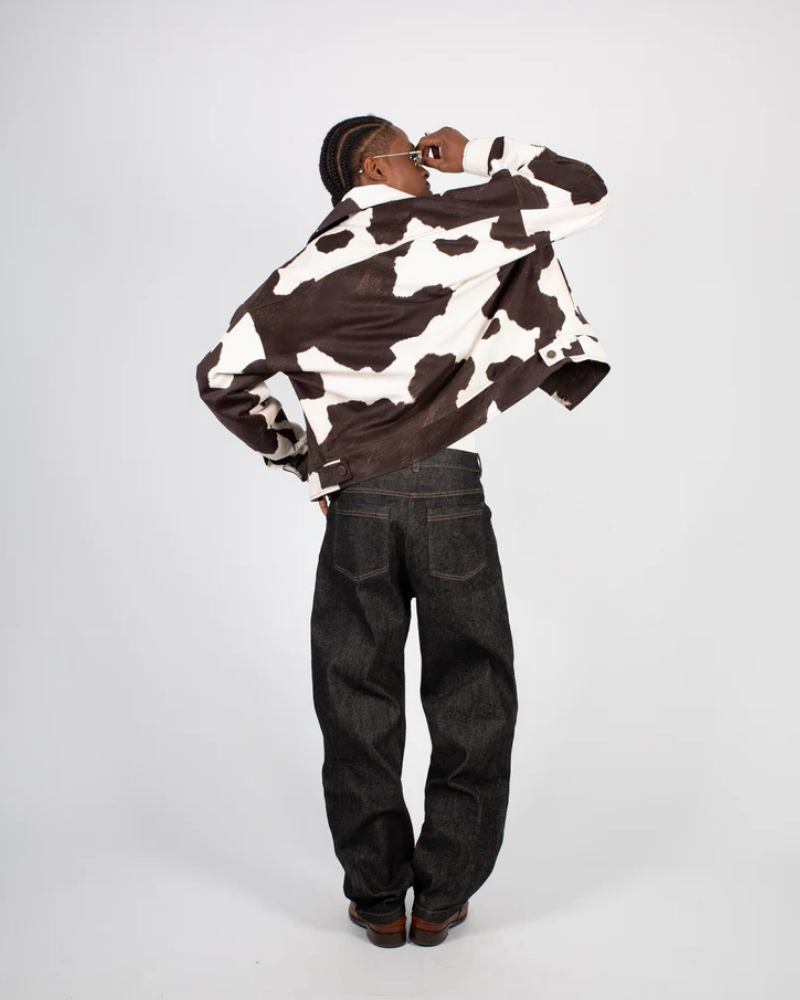 Cow Print Trucker Jacket with Textured Finish and Metal Hardware