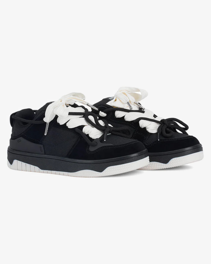 Low-Top Athletic Sneakers in Cream and Black with Reflective-Style Overlays