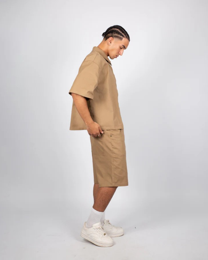 Heavyweight Short Sleeve Button-Up Overshirt with Back Embroidery - Tobacco