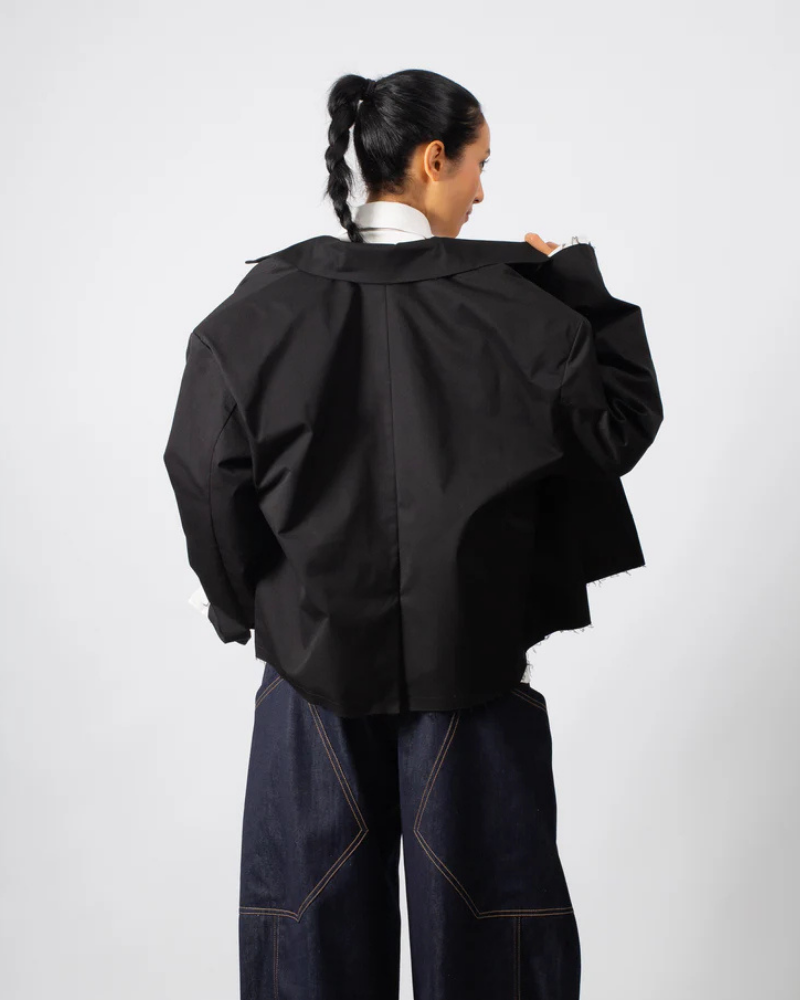 Black Cropped Trench Coat with Raw Hem and Double-Button Closure