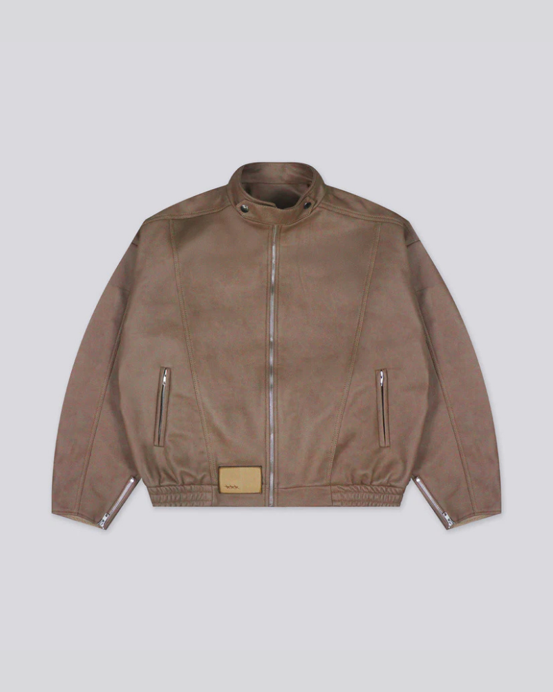 Women’s Cropped Vegan Leather Jacket with Pointed Collar – Tobacco