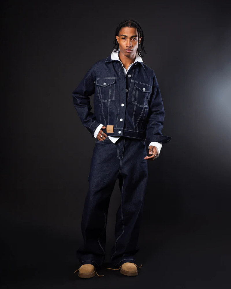 Raw Denim Trucker Jacket - Dark Blue with Contrast Stitching and Chest Pockets
