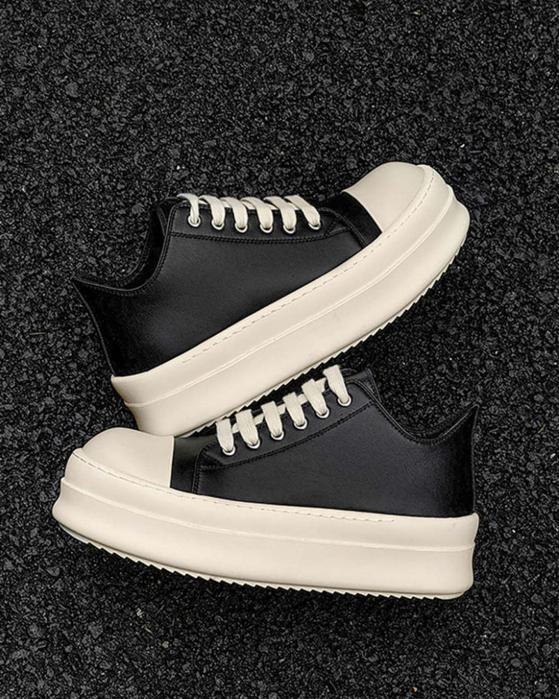Black Low-Top Chunky Platform Sneakers with Cream Bulbous Toe Cap