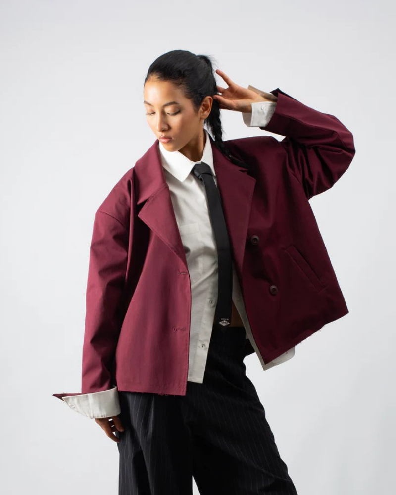 Maroon Cropped Trench Coat with Raw Hem and Double-Button Closure