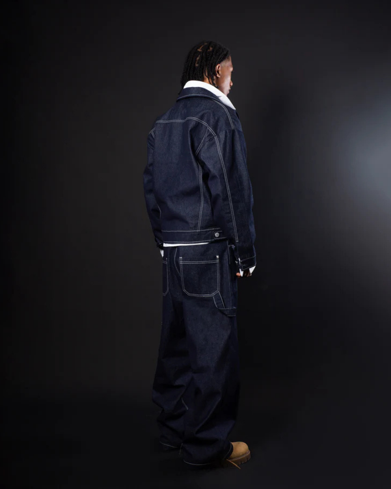 Raw Denim Trucker Jacket - Dark Blue with Contrast Stitching and Chest Pockets