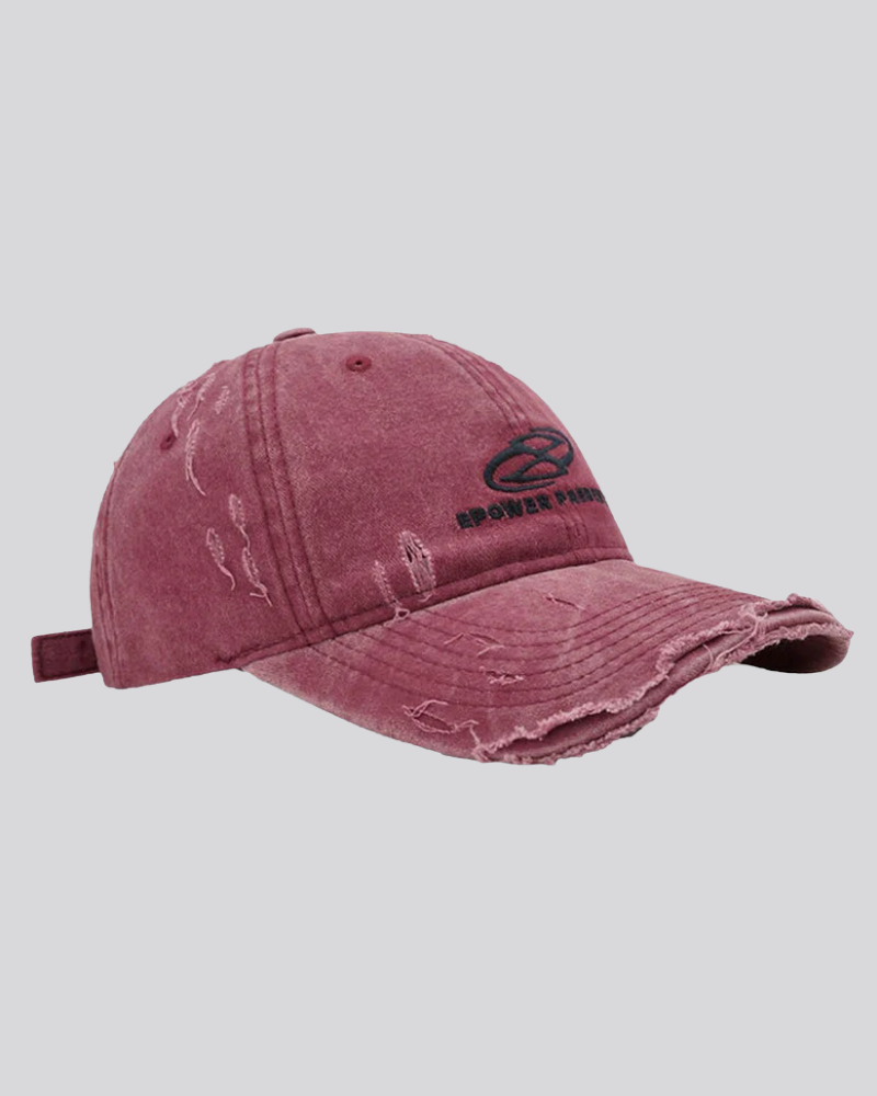 Distressed Washed Baseball Cap with Embroidered Graphic and Ripped Brim