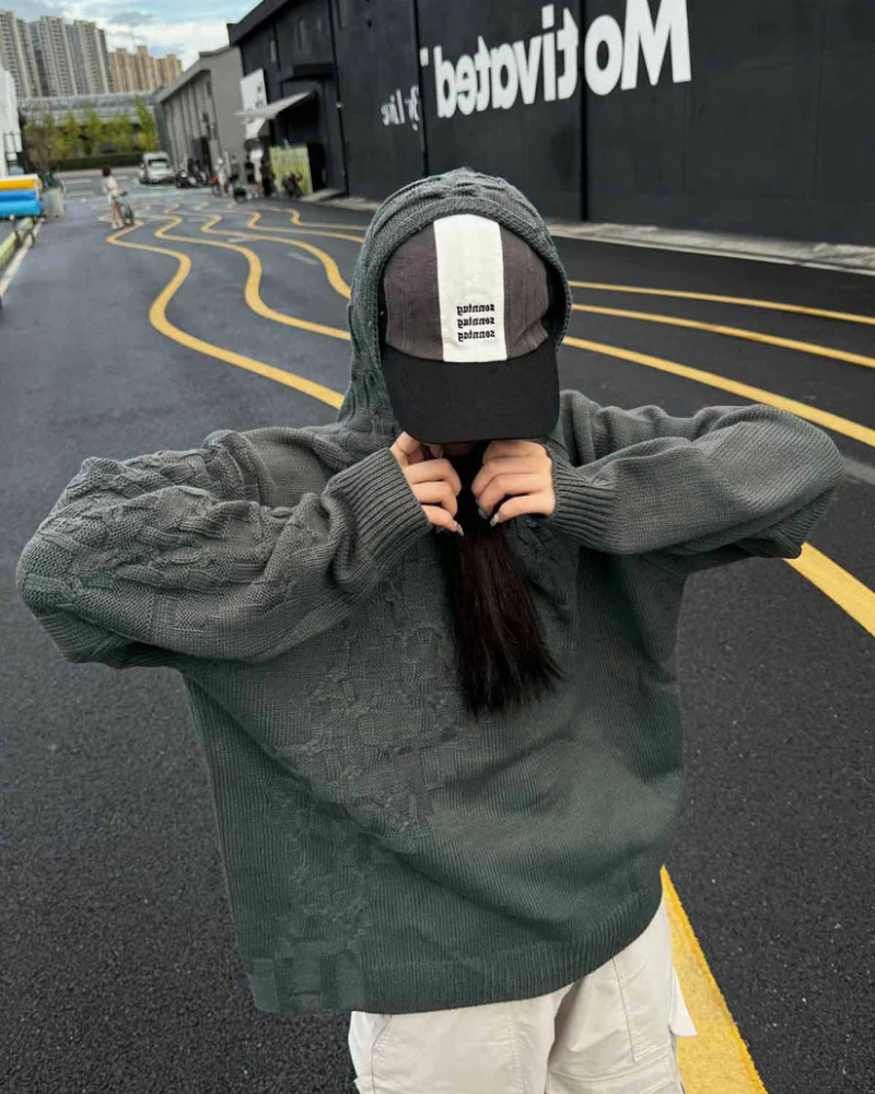 Grey Asymmetric Irregular Knit Hooded Sweater with Button Placket